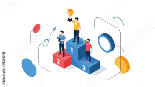 Three diverse people celebrating success on a numbered winner podium with a gold trophy for the first place winner.