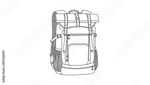 Detailed line art drawing of a versatile travel rucksack with multiple compartments and adjustable gear straps.