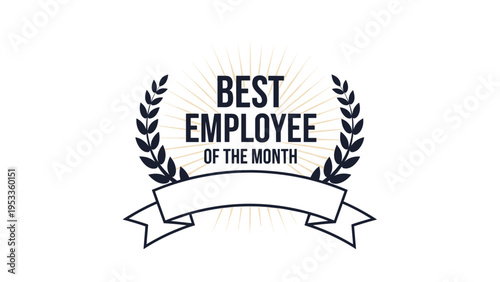 Best employee of the month award badge featuring a golden laurel wreath and a ribbon on a sunburst background.