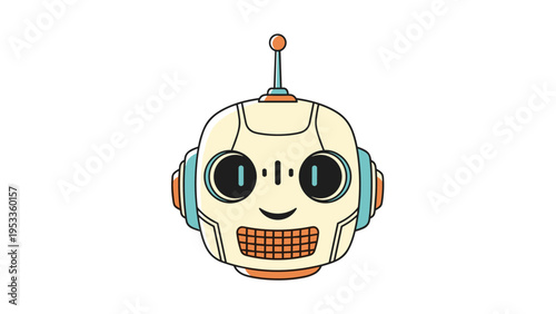 Friendly robotic head with a smiling face and orange antenna against a clean white background for modern technology concepts.