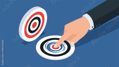 Isometric illustration of a business hand pointing a finger directly into the center of a target bullseye icon.