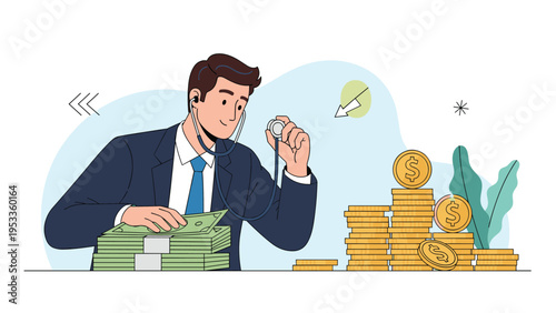 Businessman using a medical stethoscope to listen to the financial health of a pile of cash and gold coins.