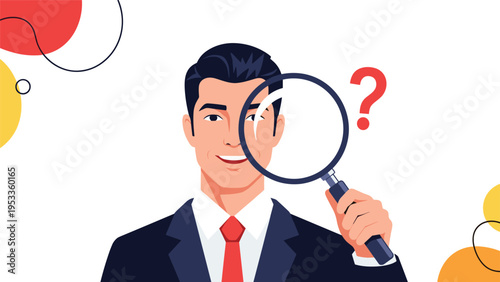 Curious businessman looking through a giant magnifying glass with a floating question mark representing search.