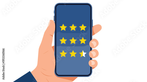 Human hand holding a smartphone showing a user review star rating screen for customer feedback and satisfaction in a modern concept.