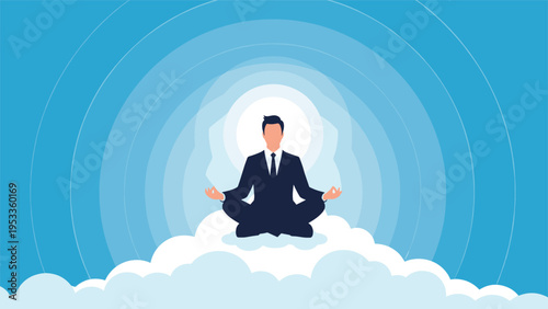 Calm businessman sitting in a cross-legged lotus position meditating on a soft cloud in a bright blue sky.