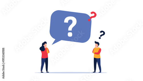 Two people standing and looking up at a massive blue speech bubble with a large white question mark for help and support queries.