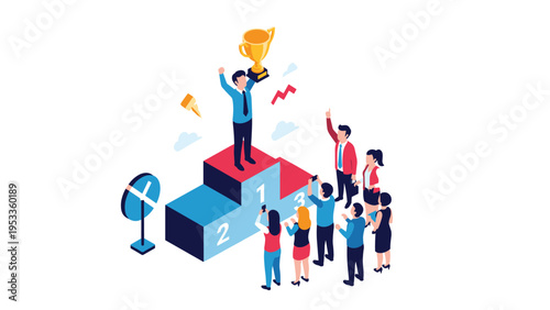 Successful businessman standing on first place podium holding golden trophy while crowd of coworkers celebrates his achievement.