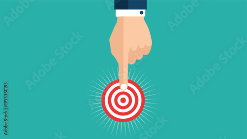 Business hand pointing a finger at the center of a red target to represent precision and goal achievement on a plain green background.