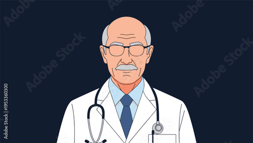 Portrait of experienced senior male doctor with grey hair and glasses wearing white lab coat and stethoscope against dark background.
