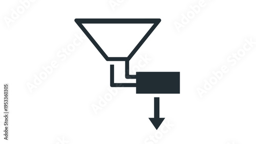 Black and white icon depicting a funnel connected to a rectangular box with a downward arrow, symbolizing a data processing and output flow.