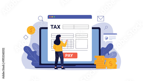 Female professional standing in front of large laptop screen reviewing electronic tax form and preparing to make online payment with coins.