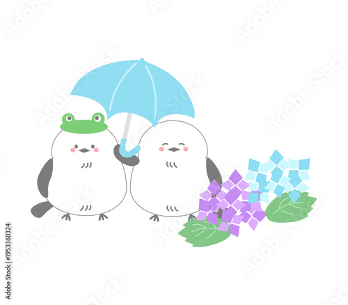 梅雨時期に傘をさして紫陽花を眺める二羽のシマエナガの可愛いイラスト