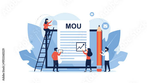 Group of corporate employees working together to finalize memorandum of understanding document on large computer screen with giant pencil.