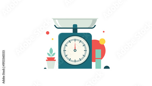 Mechanical kitchen scale icon with measuring bowl and decorative elements like a potted plant in flat vector style.