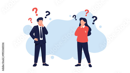 Businessman and businesswoman standing apart while looking confused and pensive with multiple question marks floating over their heads.