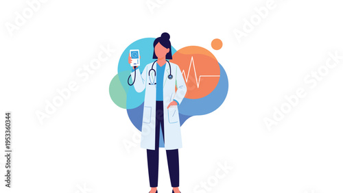 Confident female doctor in white coat holding medical device with stethoscope and heartbeat pulse graphic on abstract blue background.