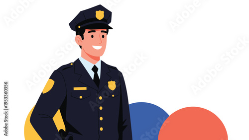 Friendly male police officer in professional blue uniform with cap and badge standing against an abstract background.