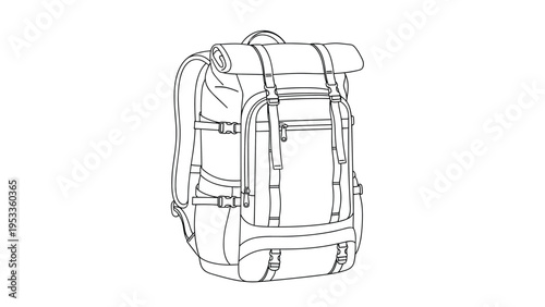 Detailed black and white line art illustration of a hiking backpack with multiple straps and storage compartments.