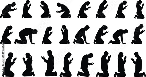 Black silhouette collection of people in various poses including walking, standing, raising arms, and jumping for gesture, movement, body language, and design artwork