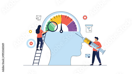 Mental health monitoring concept showing people adjusting a gauge inside a human profile with a magnifying glass.