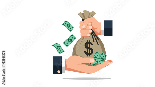 Financial transaction concept showing two hands passing a brown money bag with a dollar symbol and banknotes.