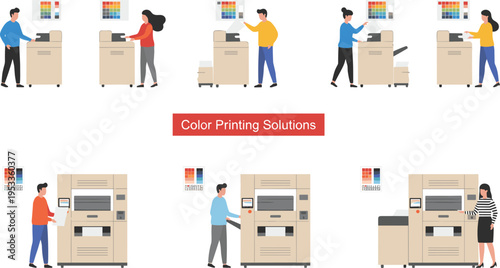 Flat vector illustration set of professional color printing solutions featuring office copiers, industrial printing presses, and technicians managing document production.