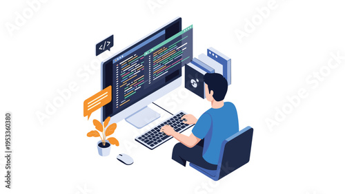 Isometric software developer working on code at a computer desk with code snippets and chat bubbles visible.