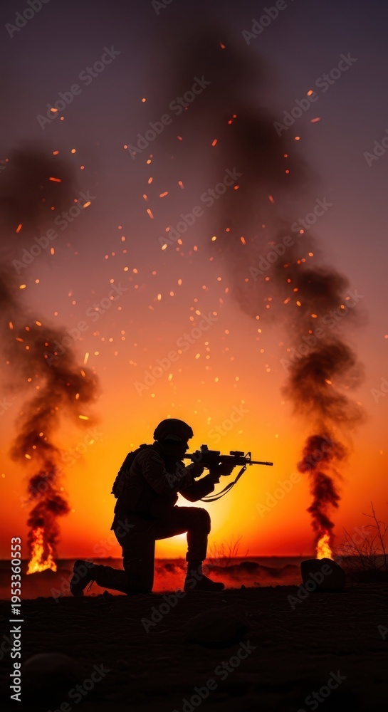Fototapeta premium Soldier in Combat Position with Explosions Against Sunset Background