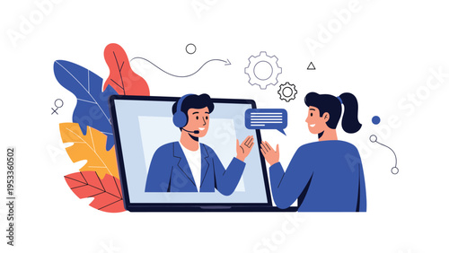 Remote communication and video call concept showing a woman interacting with a man through a laptop screen.