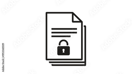 Black and white icon depicting stacked documents with a prominent padlock, symbolizing secured files, data privacy, or confidential information.