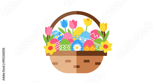 Cheerful flat illustration of a delightful Easter basket filled with vibrantly decorated eggs and blooming spring flowers, perfect for holiday celebrations and greetings