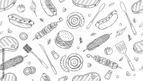 Vector illustration of barbecue pattern with grilled meats, vegetables, and cooking tools for outdoor summer gatherings