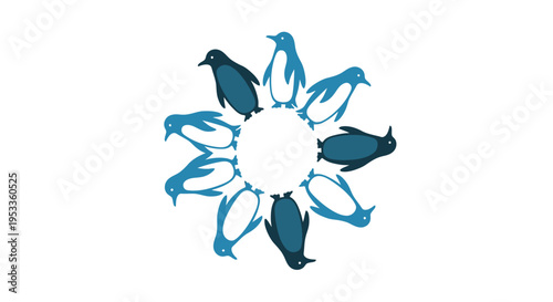 Dynamic circular arrangement of stylized blue penguins forming a unified graphic symbol, representing community, teamwork, and cohesion with a modern aesthetic