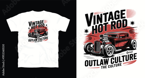 Vintage hot rod car, retro outlaw culture graphic, red hot rod illustration