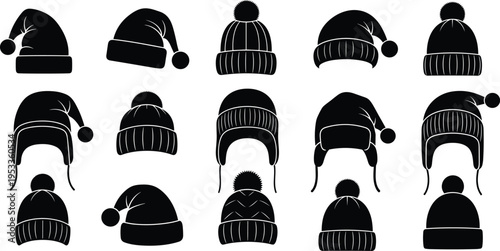Silhouette collection of winter hats including Santa hats, knitted beanies, and trapper earflap designs for seasonal fashion, holiday clothing, and cold-weather accessories