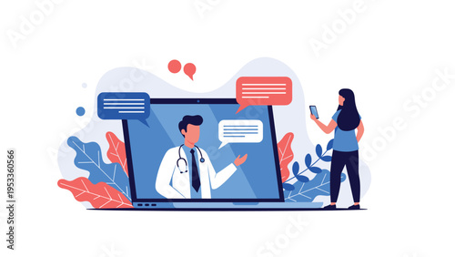 Online medical consultation concept with a woman talking to a doctor through a video call on a laptop computer.