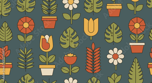 Charming retro botanical seamless pattern featuring stylized potted plants and blooming flowers in a delightful mid-century modern flat design style perfect for trendy graphic projects
