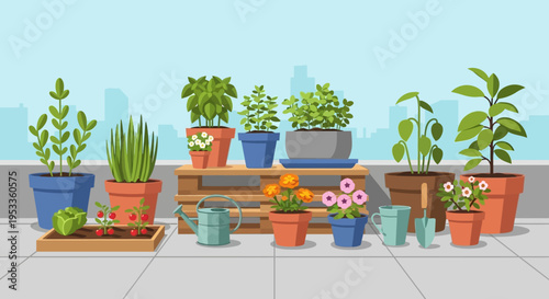 Sustainable urban gardening concept with an array of diverse potted plants, green vegetables, and blooming flowers transforming a city rooftop into a lush retreat