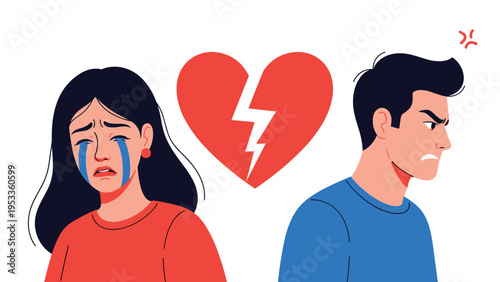 Relationship conflict and breakup concept showing a crying woman and angry man with a broken heart symbol.