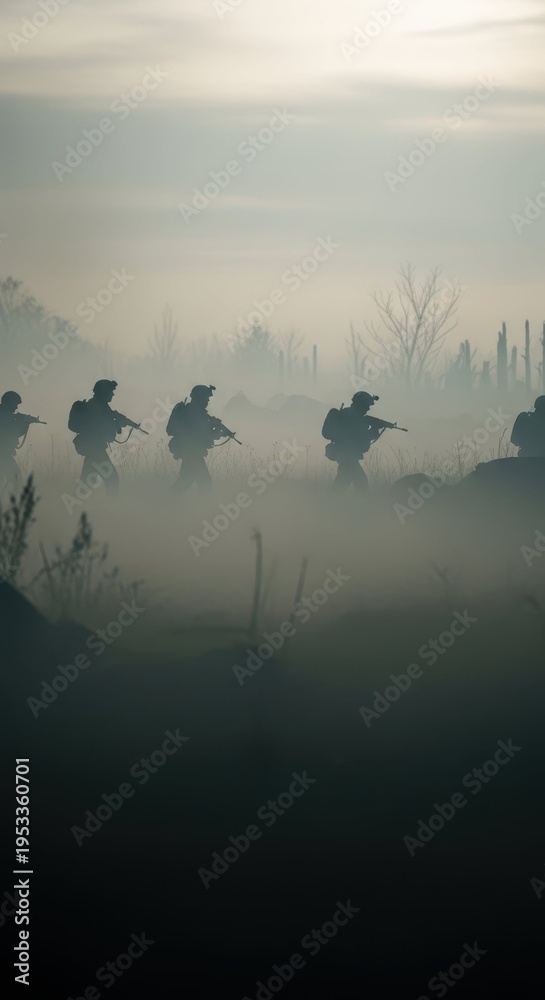 Obraz premium Soldiers in Silhouette Marching Through Fog in Mysterious Landscape
