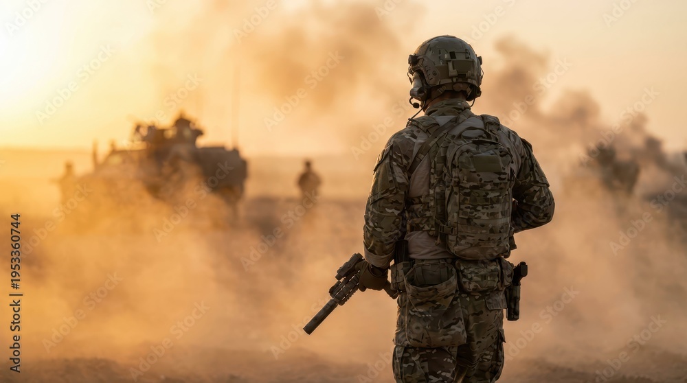 Obraz premium Soldier in Tactical Gear Overlooking Military Operation at Sunset