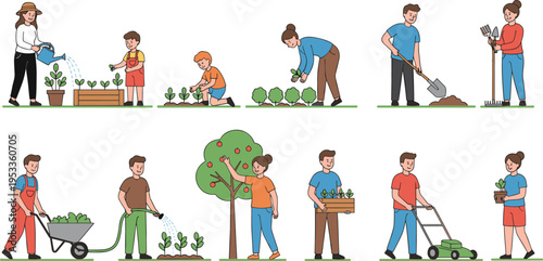 Vector illustration of people gardening with tools, plants, and outdoor activities representing teamwork and sustainability