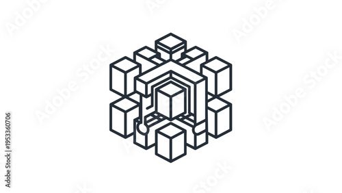 Isometric line art icon displaying interconnected cubes forming a complex central structure, symbolizing a robust data system or blockchain network.