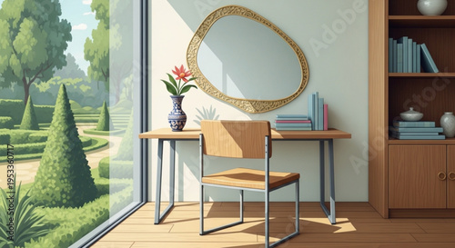 Cozy home office with wooden desk chair bookshelf and mirror near large window with garden view