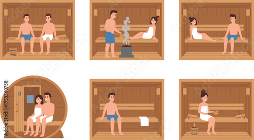 Vector illustration of sauna culture with people relaxing, steaming, and socializing in traditional wooden sauna rooms