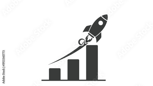 Bold black and white icon featuring a rocket launching dramatically upwards from a rising bar graph, symbolizing rapid business growth and success.
