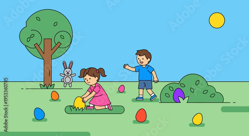 Cheerful children enjoying a festive Easter egg hunt outdoors on a sunny spring day, collecting colorful decorated eggs in a vibrant park setting