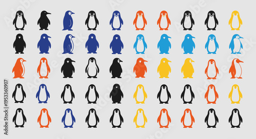 A large collection of stylized penguin illustrations in various solid colors, perfect for Antarctic wildlife themes and graphic design projects and digital assets for various uses