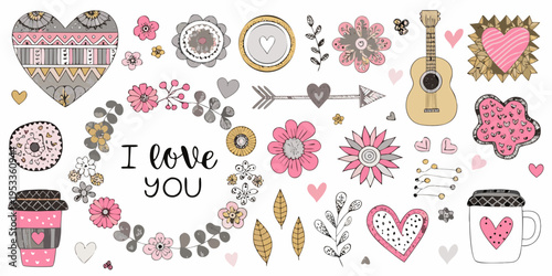 Collection of hand drawn romantic illustrations with hearts flowers and musical items