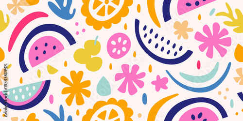 Colorful abstract fruits and floral shapes create a playful pattern